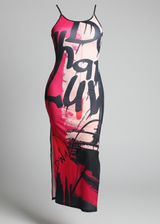 Graffiti style dress with pink, black, and white design, miami style, miami dress