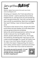 Artist story and details for the Just a Girl from Queens 12x18 made-to-order resin-finish art print by Jess Marquez