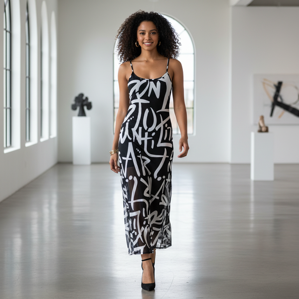 Woman wearing a black and white patterned dress in a modern indoor setting