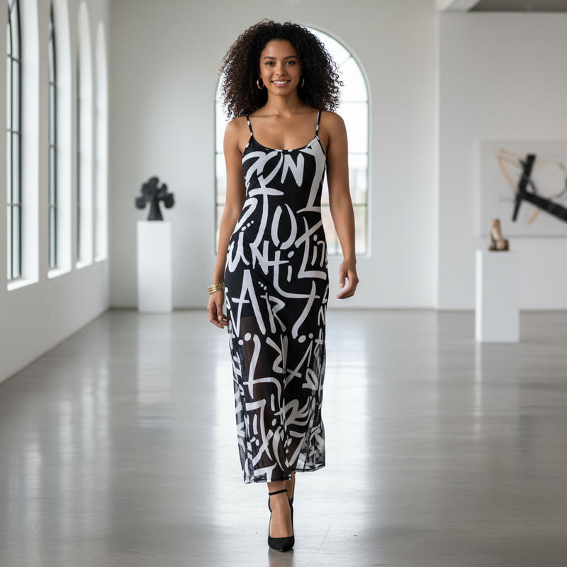Woman wearing a black and white patterned dress in a modern indoor setting