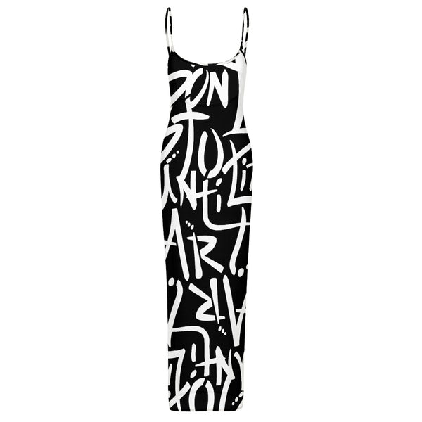 Black slip mesh dress with dont stop til its art all over print. art style 