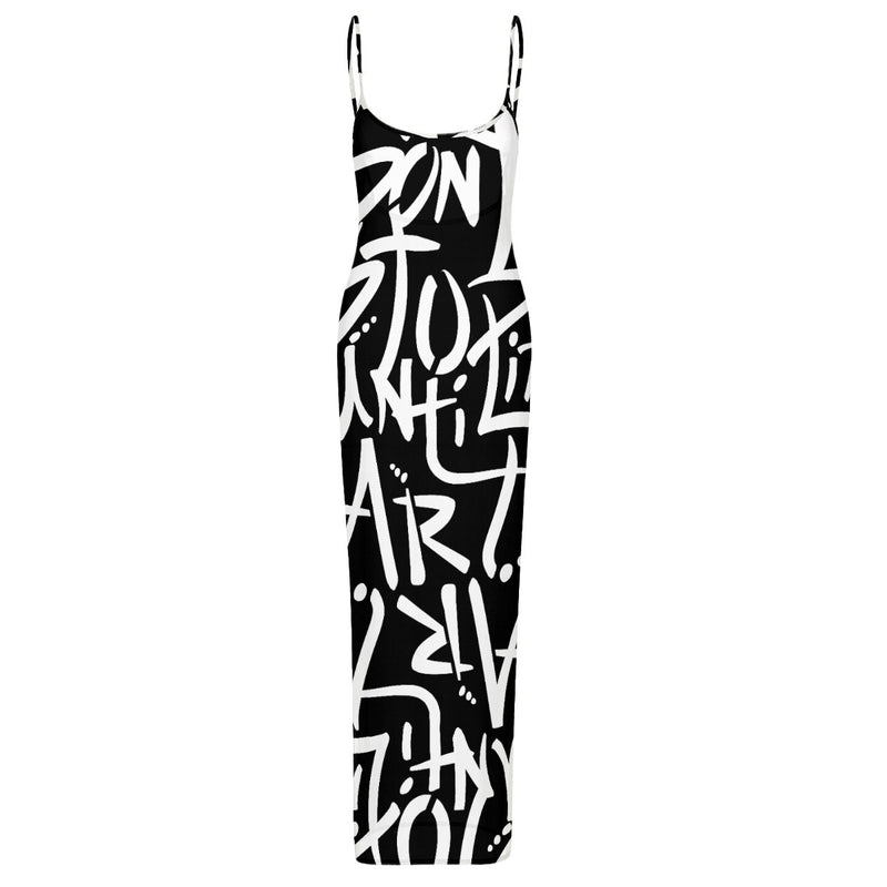 Black slip mesh dress with dont stop til its art all over print. art style 