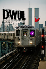 Just a Girl from Queens 12x18 art print showing the NYC 7 train, Queens skyline, DWUL lettering, and a red heart